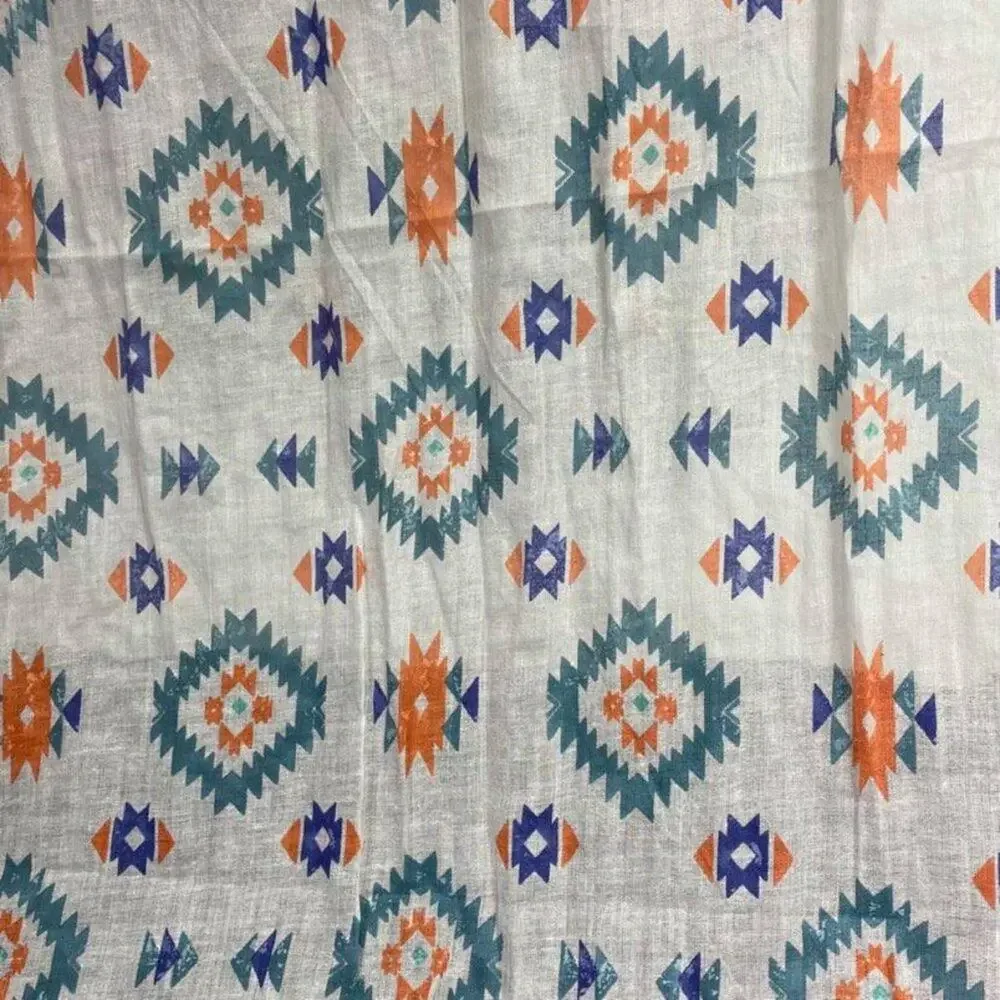 Funky Boho Raw Edge Scarf White with Multicolor Aztec Tribal Print L72